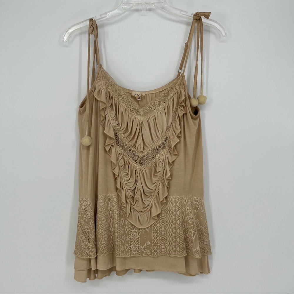 POL Womens Sleeveless Tank Top Camisole Beige Neutral Lace Ruffle Adjustable NEW